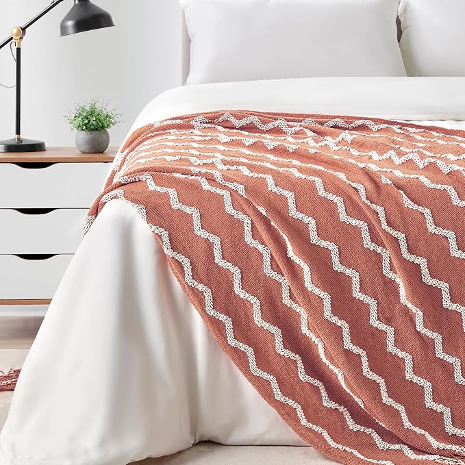 BOURINA Fluffy Chenille Knitted Fringe Throw Blanket Lightweight Soft Cozy for Bed Sofa Chair Throw Blankets, Coral Pink 50" x 60"