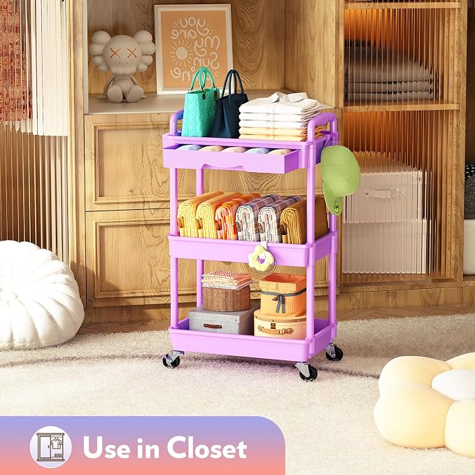 SUNALLY Makeup Cart Organizer with Drawers, Floor Skincare Organizers Vanity Storage Organizer, Rolling Makeup Bathroom Storage Cart Cosmetics Display Cases for Skin Care Perfume Nail Polish, Purple