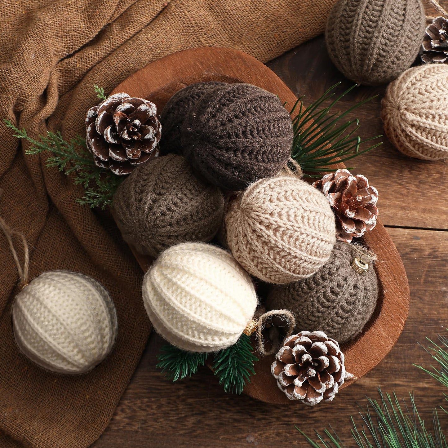 VioraWhite 12 Pcs Neutral Christmas Ornaments, 2.36 Inch Brown Crochet Christmas Balls Modern Rustic Handmade Knitted Woven Cotton Baubles for Xmas Tree Farmhouse Holiday Decor