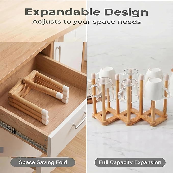 Bamboo Retractable Bottle Drying Rack Cup Dish Drying Racks,Sports Water Bottle and Mug Drainer Stand, Plastic Bag Dryer Rack and Multifunctional Drying Rack for Kitchen Countertop