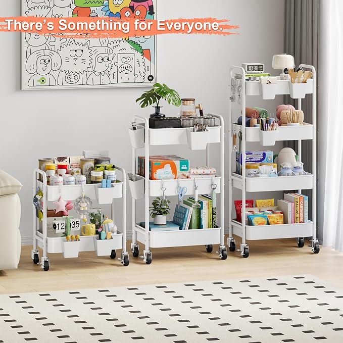 Heavy Duty 4 Tier Rolling Storage Cart Metal with Wheels, White Four Tiered Utility Roller Carts Organizer on Wheels for Art, Craft, Baby Diaper Caddy, Snack, Book, Large-Capacity Shelving Units, 37in