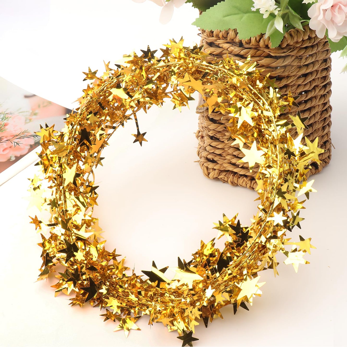 3 Rolls Gold Christmas Star Garland Tinsel, Sparkly Star Tinsel Garlands with Wire Christmas Star Wire Garland Decorations for mas Tree Home Wedding DIY Festive Ornament(75 Feet)