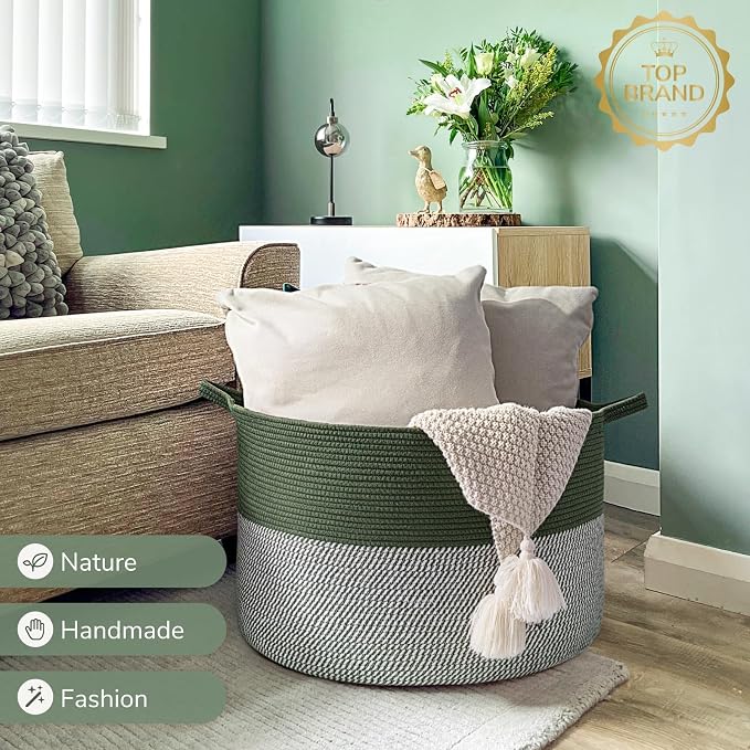INDRSSME Large Laundry Storage Basket, 21.7 x13. 8 - Decorative Rope Blanket Basket for Organizing Bedroom, Living Room, Nursery, Toy Storage for Colthes Towel, Empty Gift Baskets -Green