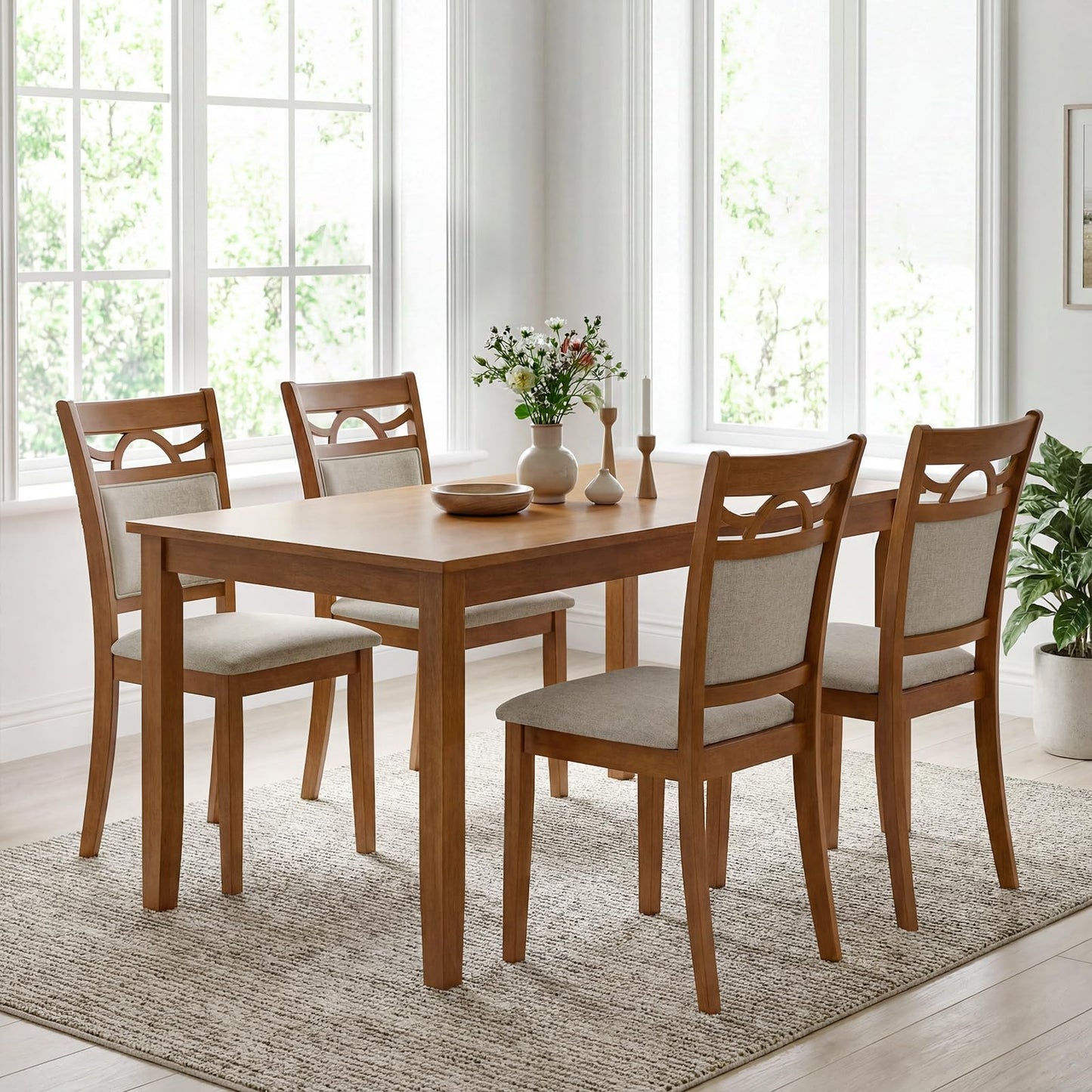 Giantex Wooden Dining Chairs Set of 4, Farmhouse Side Chairs w/Solid Rubber Wood Frames, Comfortable Backrests, Upholstered Fabric Kitchen Chairs, Perfect for Dining Room, Restaurant