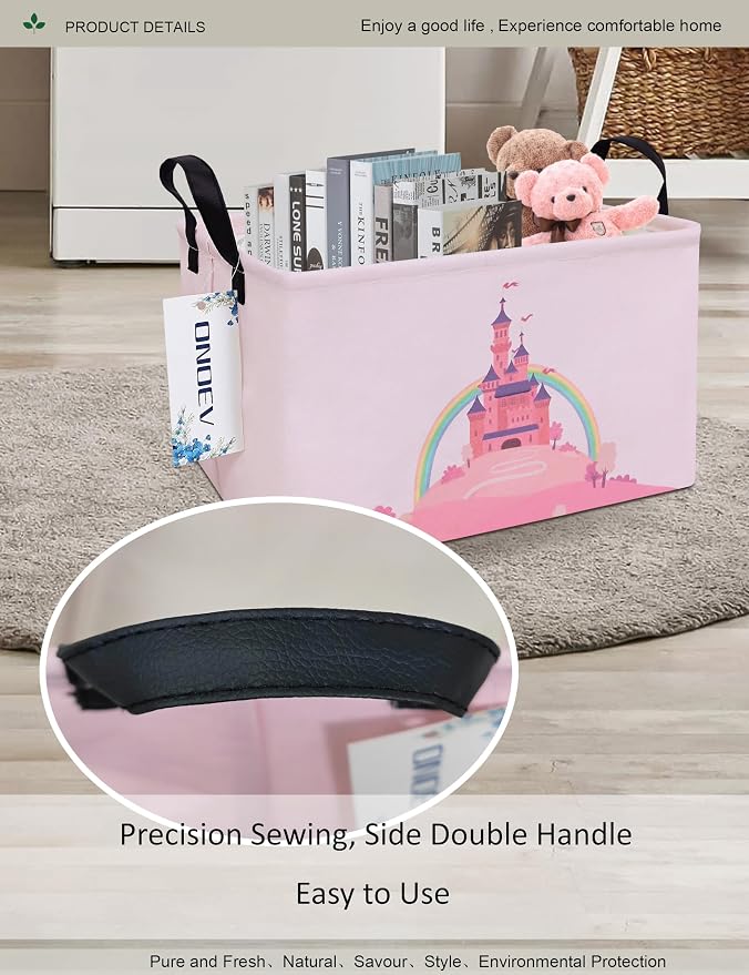 Rectangular Pink Princess Castle Storage Bin, Decorative Canvas Laundry Basket with Dual Handles, Foldable Household Organizer for Girls Bedroom Dorm