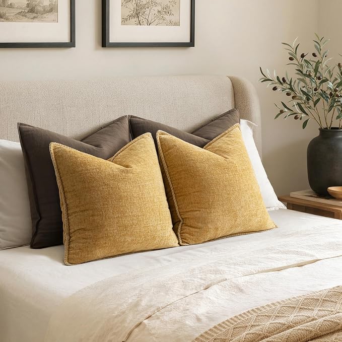 MIULEE Pack of 2 Summer Throw Pillow Covers 18x18 Inch Gold Mustard Yellow Farmhouse Decorative Pillow Covers with Stitched Edge Soft Chenille Solid Dyed Pillow Covers for Couch Sofa Bed Living Room