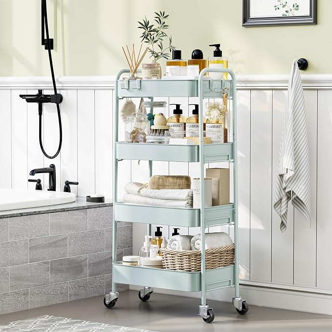 TOOLF 4-Tier Rolling Cart - Metal Storage Organizer with Lockable Wheels, 44 lbs Per Shelf Capacity, Tool-Free Assembly, for Kitchen Bathroom Office Laundry Room Nursery, Green