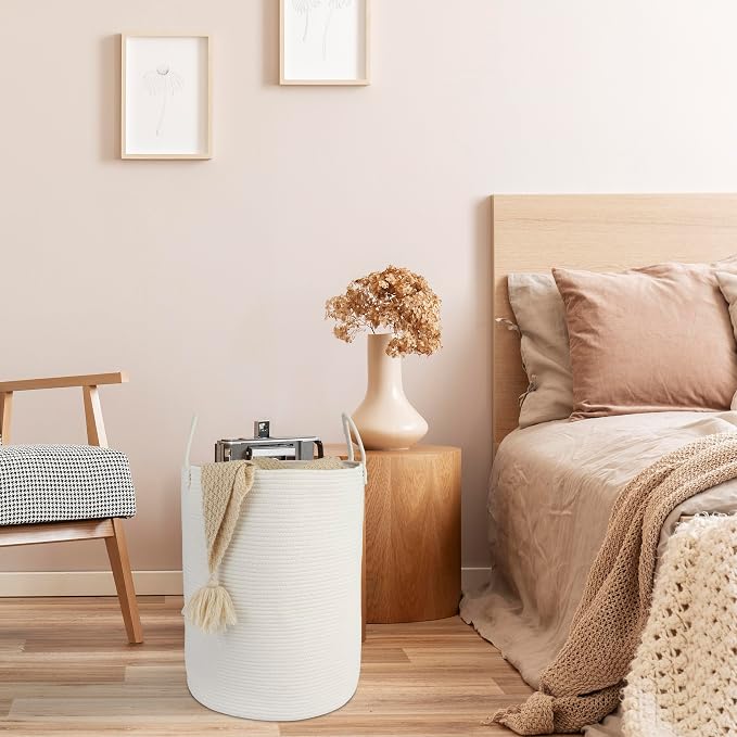 XUANGUO Cotton Rope Laundry Basket Hamper for Clothes Woven Storage Basket for Living Room Bedroom Boho Tall Rope Baskets for Blanket Toys Pillow Towels Baby Nursery Hamper Bin Large white