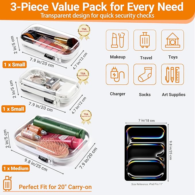 YQBRAO 6 Pack Clear Hard Shell Beauty Organizer (2M+4S), 1.2mm Crush-Proof Cosmetic Case, Reinforced YKK Zippers, Stadium Approved Security Bag for Skincare, Toiletries & Electronics, Multi-Size Set