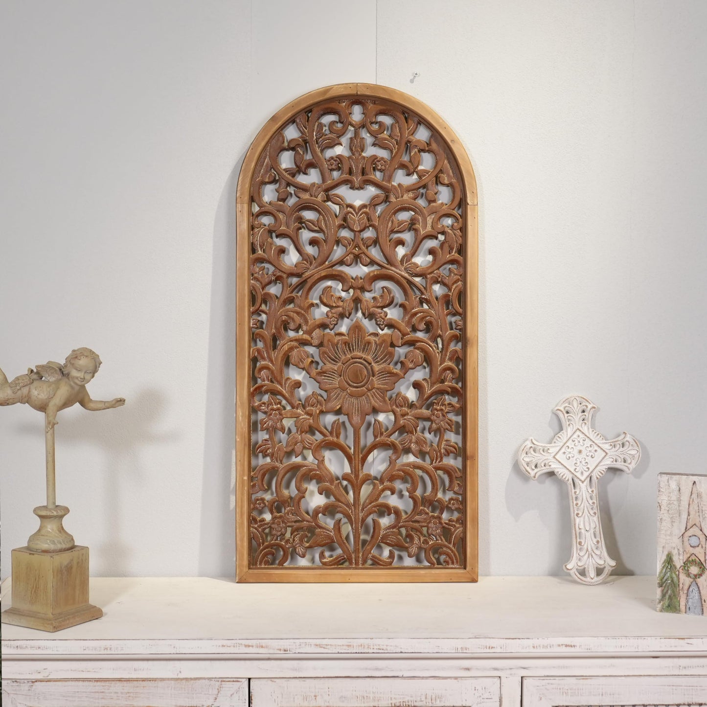 WREVERW Rustic Boho Arched Wood Wall Art, Hand-Carved Floral Panel with Distressed Brown Finish, Vintage Farmhouse Hanging Wall Sculpture for Living Room Bedroom Entryway, 15" x 31"