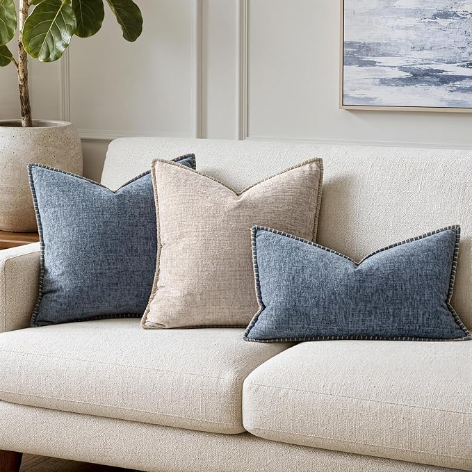 MIULEE Pack of 2 Lumbar Throw Pillow Covers 12x20 Inch Dark Grey Blue Farmhouse Decorative Pillow Covers with Stitched Edge Soft Chenille Solid Dyed Pillow Covers for Couch Sofa Bed Living Room