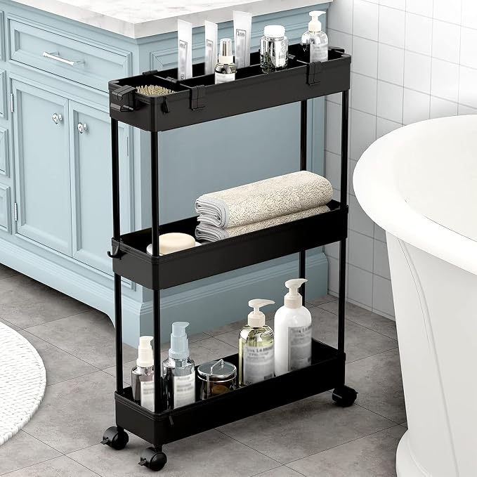 SPACELEAD 2-piece Set Slim Storage Cart 3 Tier,Bathroom Organizer Rolling Utility,Mobile Shelving Unit Slide Out for Office, Kitchen, Laundry Room & Narrow Places