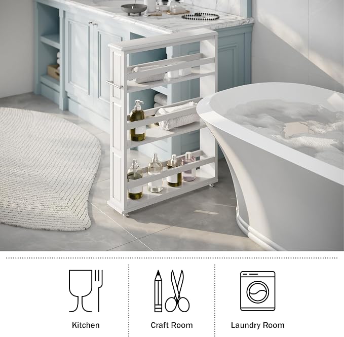 Lavish Home 3-Tier Slim Rolling Storage Cart - 25” x 5.7” Narrow Rolling Cart with Handle and Wheels for Bathroom, Laundry Room, and Kitchen Organization - Pull-Out Home Organizers (White)