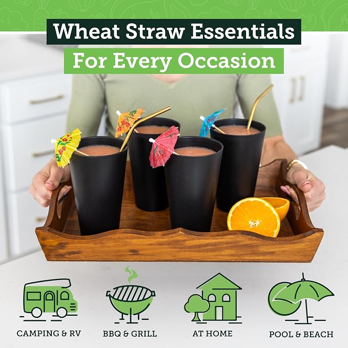 Grow Forward Premium Wheat Straw Cups - 13 & 20 oz Unbreakable BPA Free Hard Plastic Cups - Reusable Lightweight Plastic Drinking Glasses for Kitchen, Outdoor, Water, Camping, RV - Midnight
