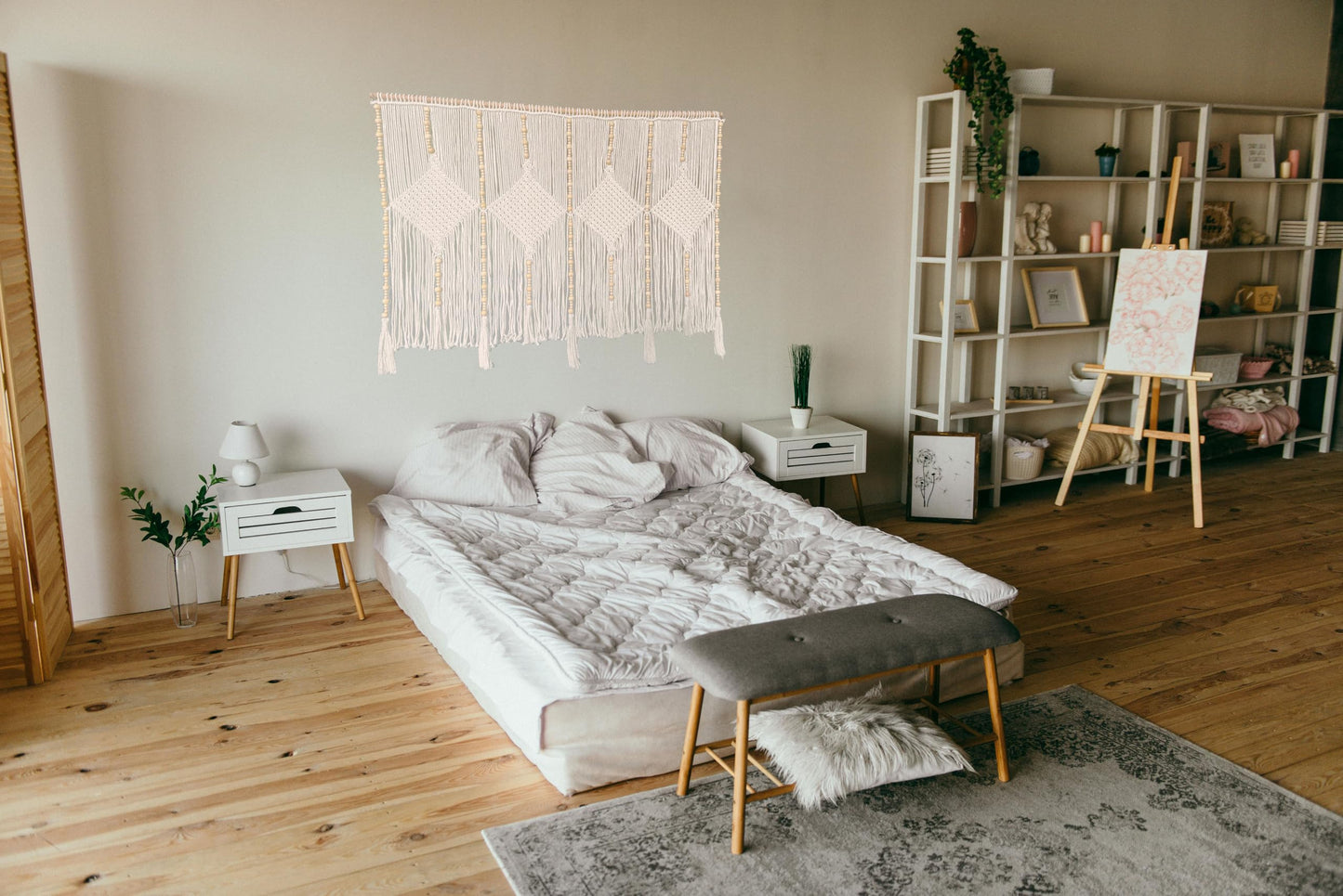 kiido Large Macrame Wall Hanging 47"×33" Boho Tapestry Woven Wall Decor- Cotton Tassel Macrame Curtain Beige Chic Bohemian Wall Art for Home Living Room Bedroom Dorm Wedding (Includes Hanging Rod)