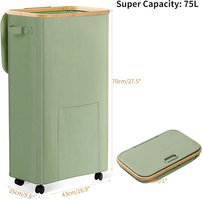 Vincona Laundry Basket with Wheels, Dirty Clothes Hamper on Wheels, Rolling Tall Laundry Hamper with lid for Laundry Room, Dorm and Bathroom, 75L Sage Green