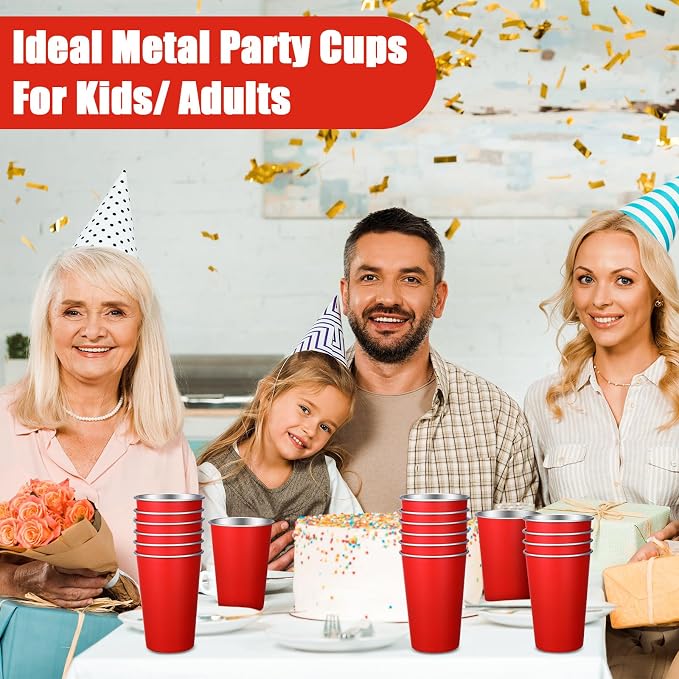 Mimorou 20 Pack 16 oz Stainless Steel Pint Cups Metal Cups Unbreakable Drinking Water Tumblers Stackable Tumbler for Adults Bar Home Restaurant Travel Picnic Camping Outdoor (Red)