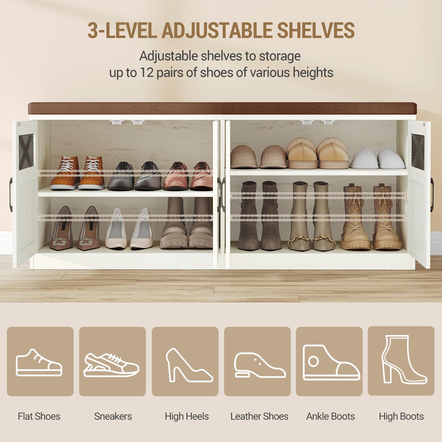 Hzuaneri 2 Tier Shoe Storage Bench with Doors, 47.2" Farmhouse Shoe Bench with Padded Cushion, 12 Pairs of Bed End Bench, Entryway Bench with Storage for Bedroom, Living Room, Rustic White SB61214KA