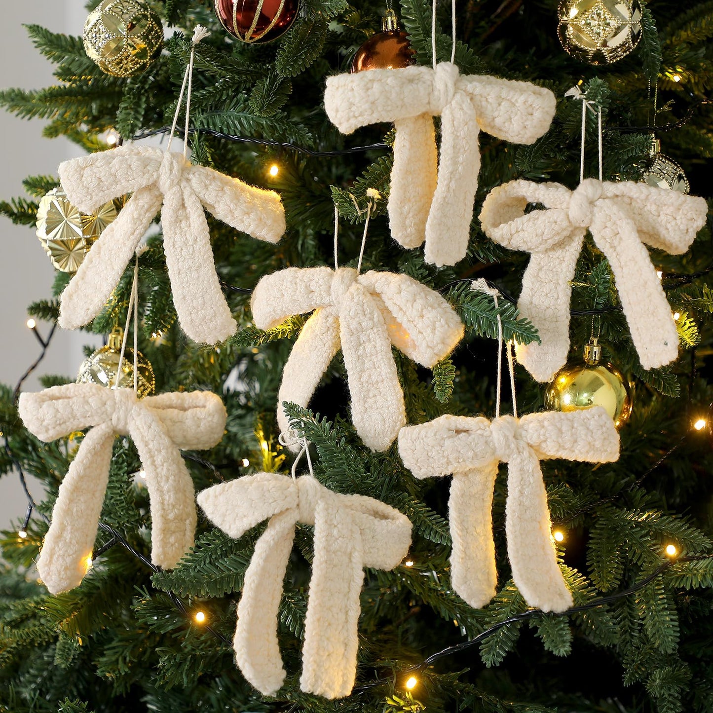Soulchen 12 Pcs Crochet Bow Christmas Ornaments Large Neutral Christmas Knitted Ornaments Boho Bownot Hanging Handmade Decoration for Xmas Tree Farmhouse Rustic Decor Holiday Fireplace Garland Decor