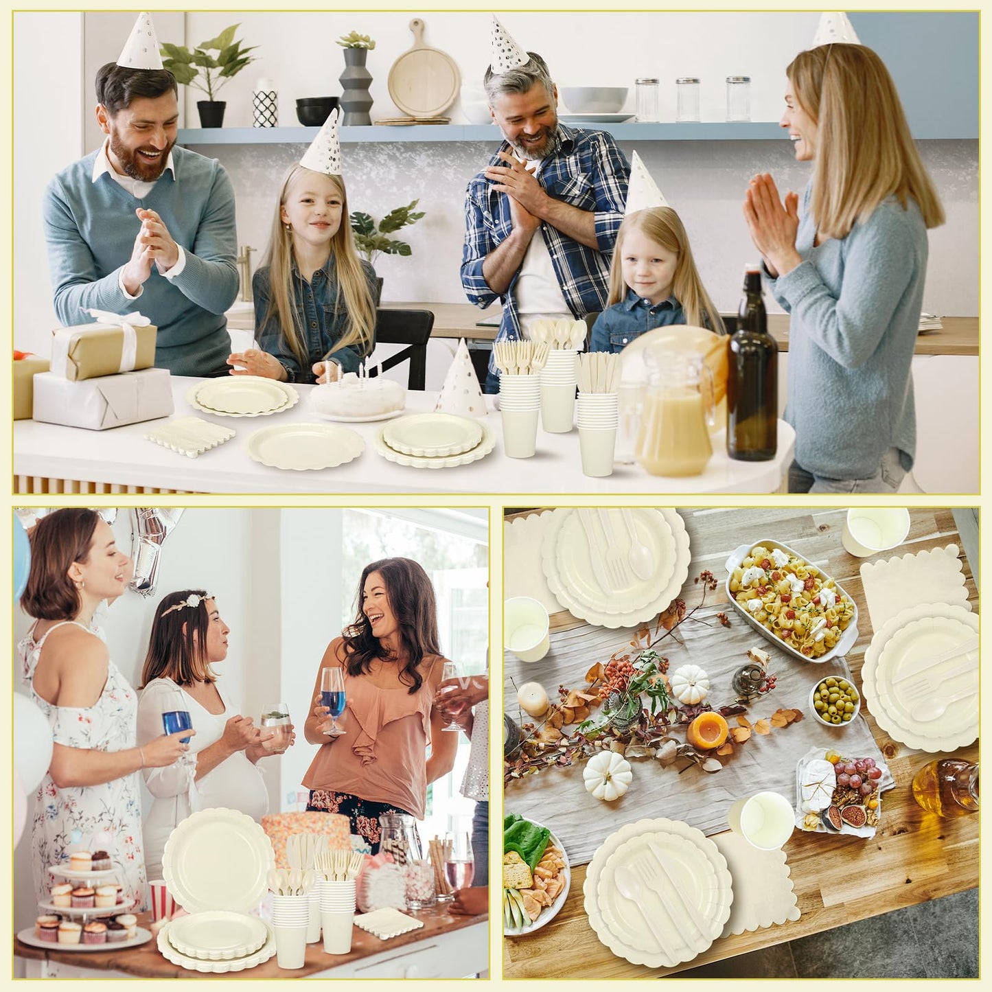 Xiangqu 175 Pcs Ivory Paper Plates and Napkins, Beige Party Supplies Include Scalloped Cream Plates Napkin Cup Plastic Cutlery for Wedding, Bridal&Baby Shower, Birthday