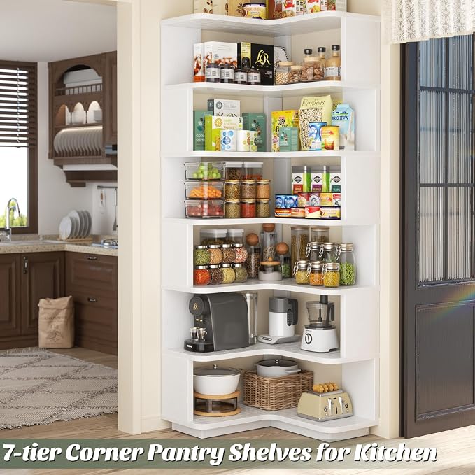 Armocity Corner Book Shelf - 7 Tier Corner Bookshelf Etagere Bookcase with Baffle, Freestanding L Shaped Display Shelf Stand for Home Office, Living Room, Bedroom, Kitchen, White