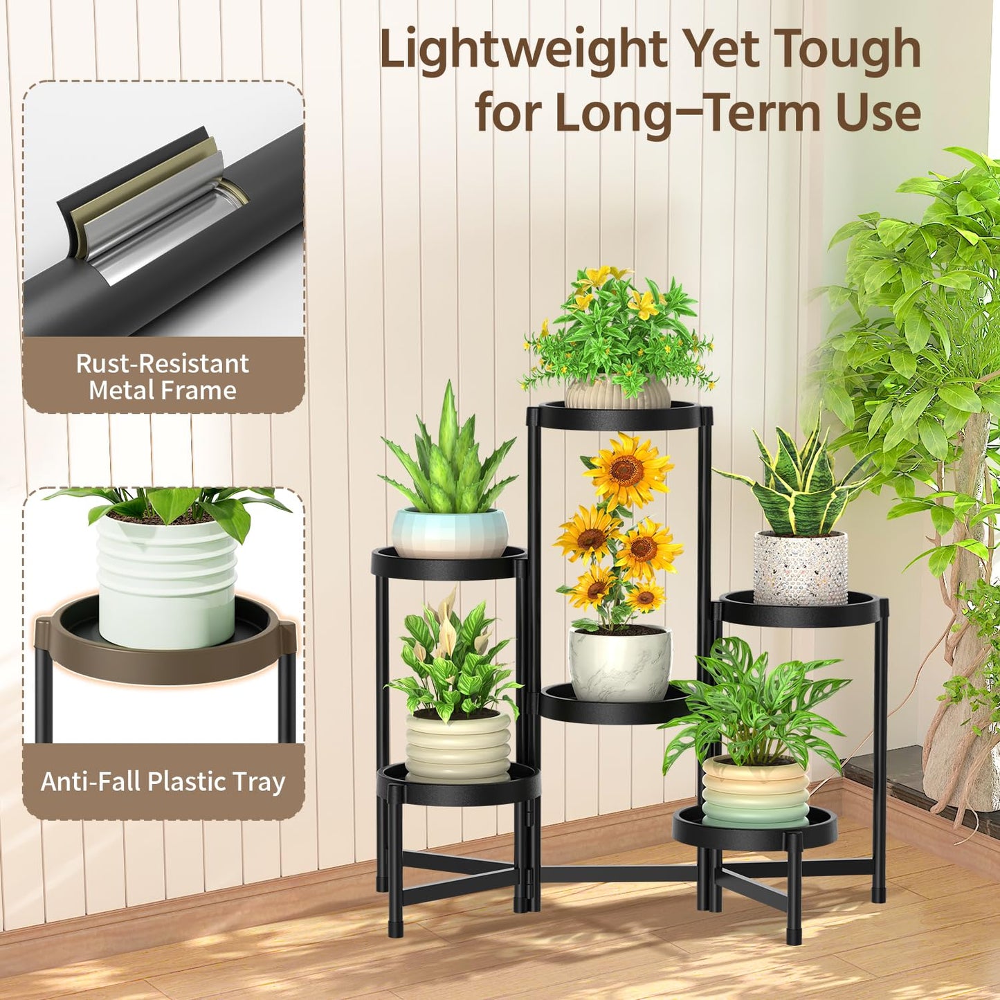 LASZOLA 6 Tiered Plant Stand Indoor Outdoor with Plastic Tray, Corner Folding Tall Flower Display Rack, Modern Plant Holder Shelf for Outdoor Patio Porch Garden Office Living Room, Black