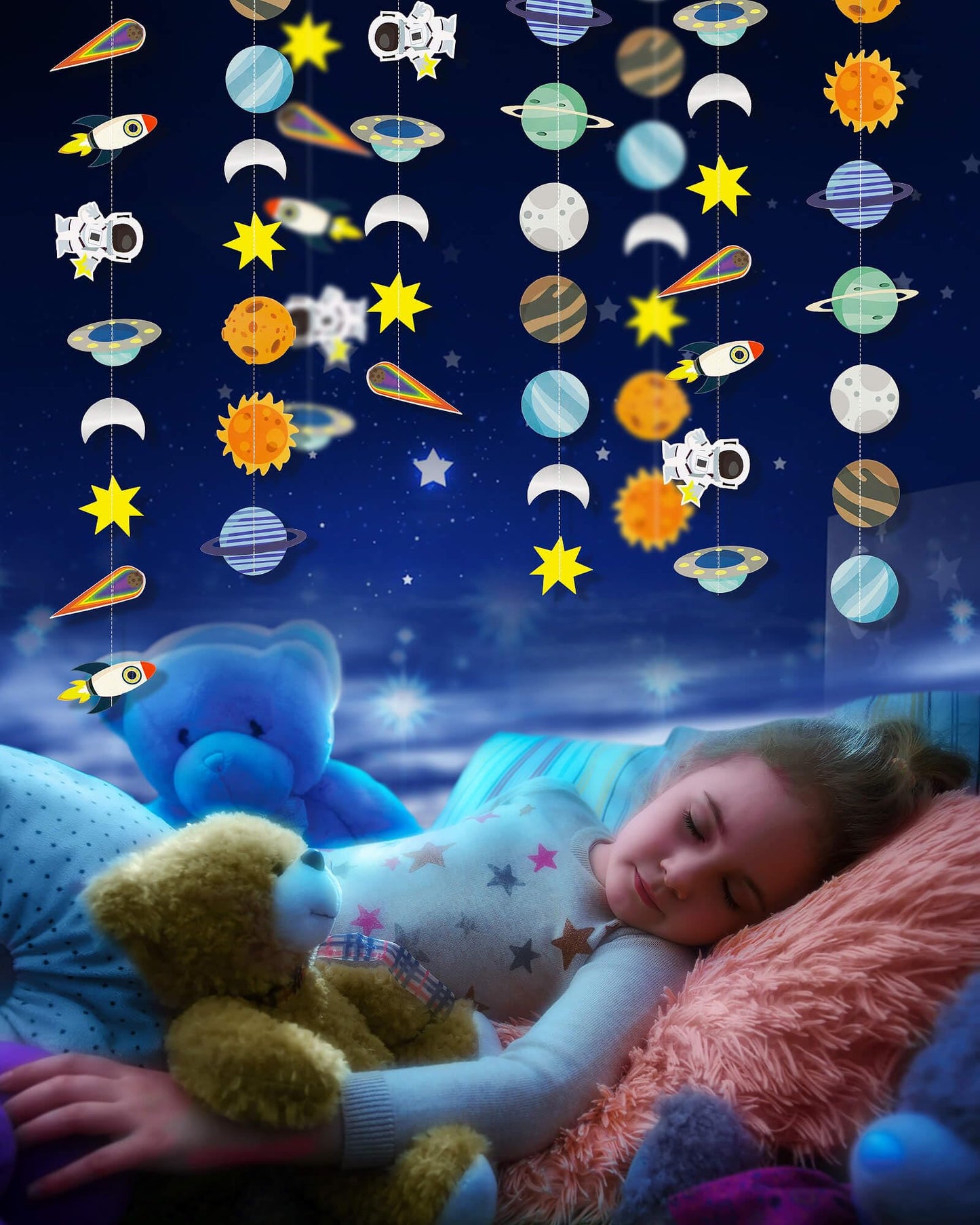 Galaxy Solar System Hanging Paper Garland, Astronauts Rockets Stars Hanging Decoration, Blast Off to Outer Space Banner for Kids Bedroom Birthday Party Decor Supplies