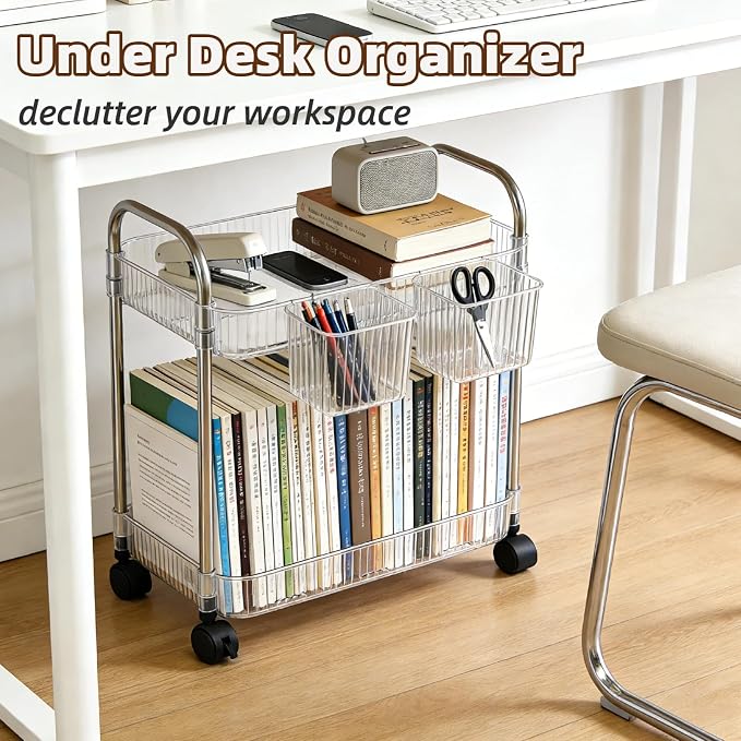 2 Tier Utility Rolling Cart with Wheels Sofa Side Table Small Under Desk Storage Organizer, Clear Acrylic Plastic Mobile Trolley Organization Storage Cart for Kitchen Pantry Bathroom Vanity