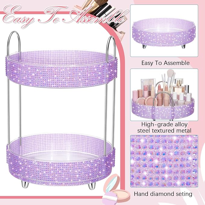 Honeydak 360 Rotating Perfume Organizer Gift for Women, Rhinestone Preppy Skincare Organizer Bathroom Counter Makeup Holder Skincare and Perfume Storage for Cosmetic(2 Tiers,Resin Diamond,Purple)