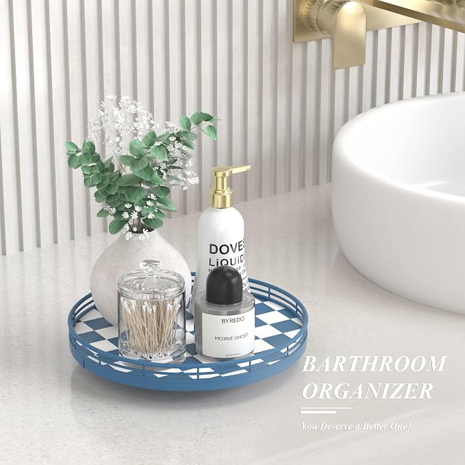 Premium Rubber Wood Lazy Susan Turntable, Blue White Checkerboard Decorative Serving Tray, Hand-Welded Metal Railing, Stable Rotating Organizer for Dining Table, Kitchen Counter, Coffee Table Decor