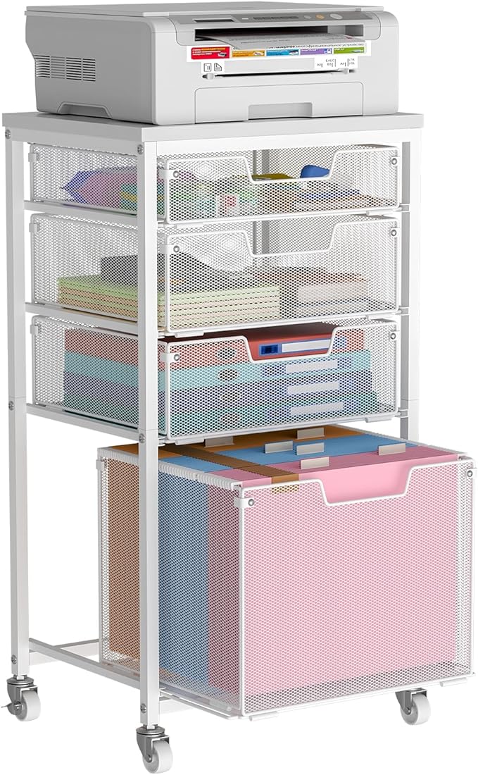 Sbanmao 4 Drawer Rolling File Cart with Wheels, Mobile Filing Cabinet for Home Office, Hanging File Organizer, Under Desk Storage, Multifunctional Utility Cart Printer Stand, White