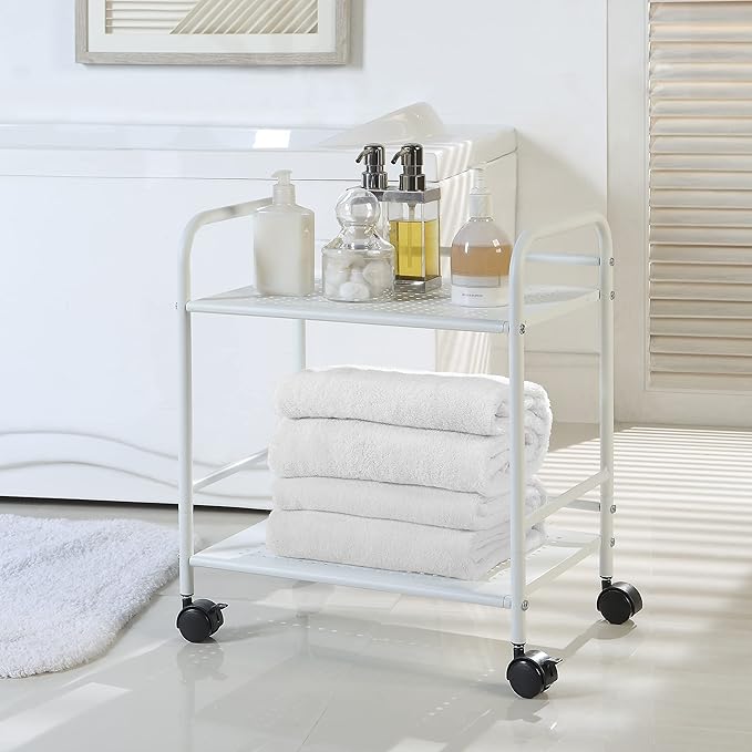 SunnyPoint 2-Tier Metal Rolling Utility Cart – Mobile Storage Shelf with Caster Wheels – Small Space Organizer for Home, Office, Bedroom, Kitchen (WHT) (Pack of 2)