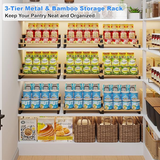 Expandable Bamboo & Iron Can Organizer, 3-Tier Adjustable Pantry Can Rack, Kitchen Cabinet Food Storage Shelf, Easy Access Canned Goods Soda Soup Can Holder, Hold Up to 30 Cans, Black