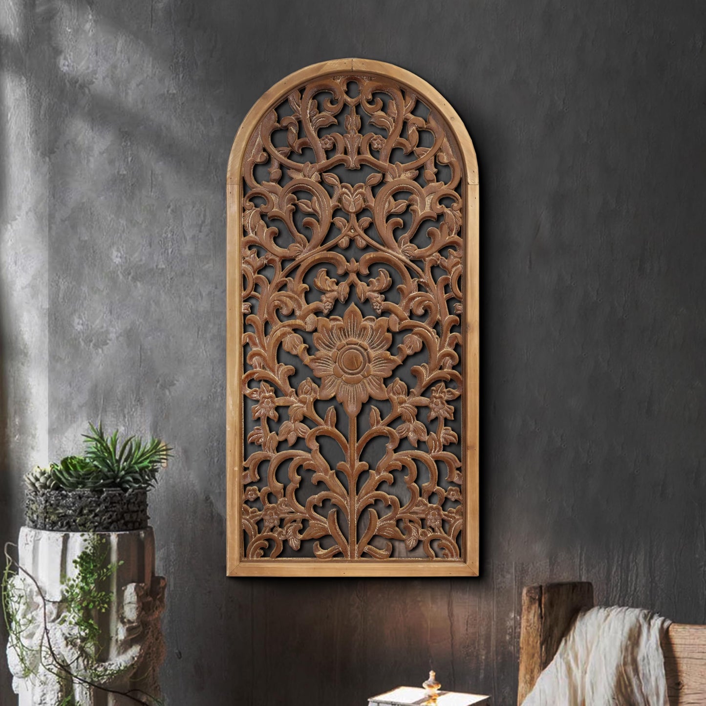 WREVERW Rustic Boho Arched Wood Wall Art, Hand-Carved Floral Panel with Distressed Brown Finish, Vintage Farmhouse Hanging Wall Sculpture for Living Room Bedroom Entryway, 15" x 31"