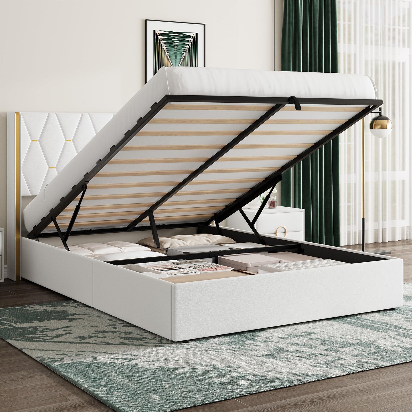 Garvee Queen Size Lift Up Storage Bed Frame with with Gold Wingback Headboard, Velvet Upholstered Bed Frame with Diamond Tufted Design & Gold Trim, Hydraulic Support, No Box Spring Needed, White