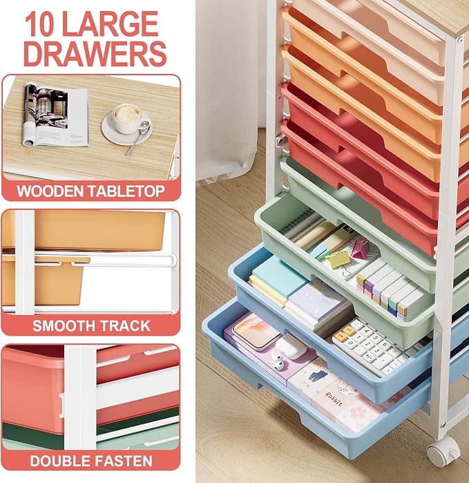 SYKIARIOL Rolling Cart with Drawers,10 Drawer Rolling Cart,Storage Cart with Wheels,Utility Cart with Drawers,Teacher Cart for Classroom Storage,Craft Cart with Wheels and Wooden Tabletop,Rainbow