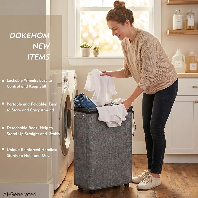 DOKEHOM 25-Inches Slim Laundry Basket on Wheels, Collapsible Rolling Laundry Hamper, Foldable Narrow Corner Clothes Storage Bins (Linen Grey)