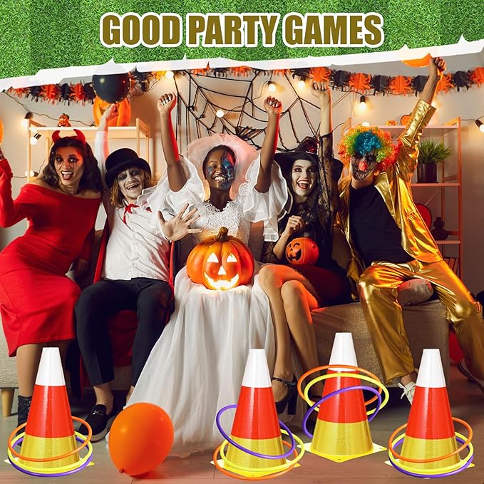 Leitee 6 Sets Candy Corn Ring Toss Game Plastic Cones Ring Toss Combo Set Mini Traffic Cones Toss Game for Sports Training Garden Backyard Outdoor Activities