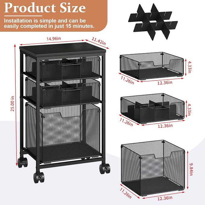 Sbanmao Rolling File Cart with 3 Drawers, File Cabinet with DIY Divider, Hanging Folder Holder Organizer with Wheels, Under Desk Storage Utility Cart, Printer Stand for Home Office, Black