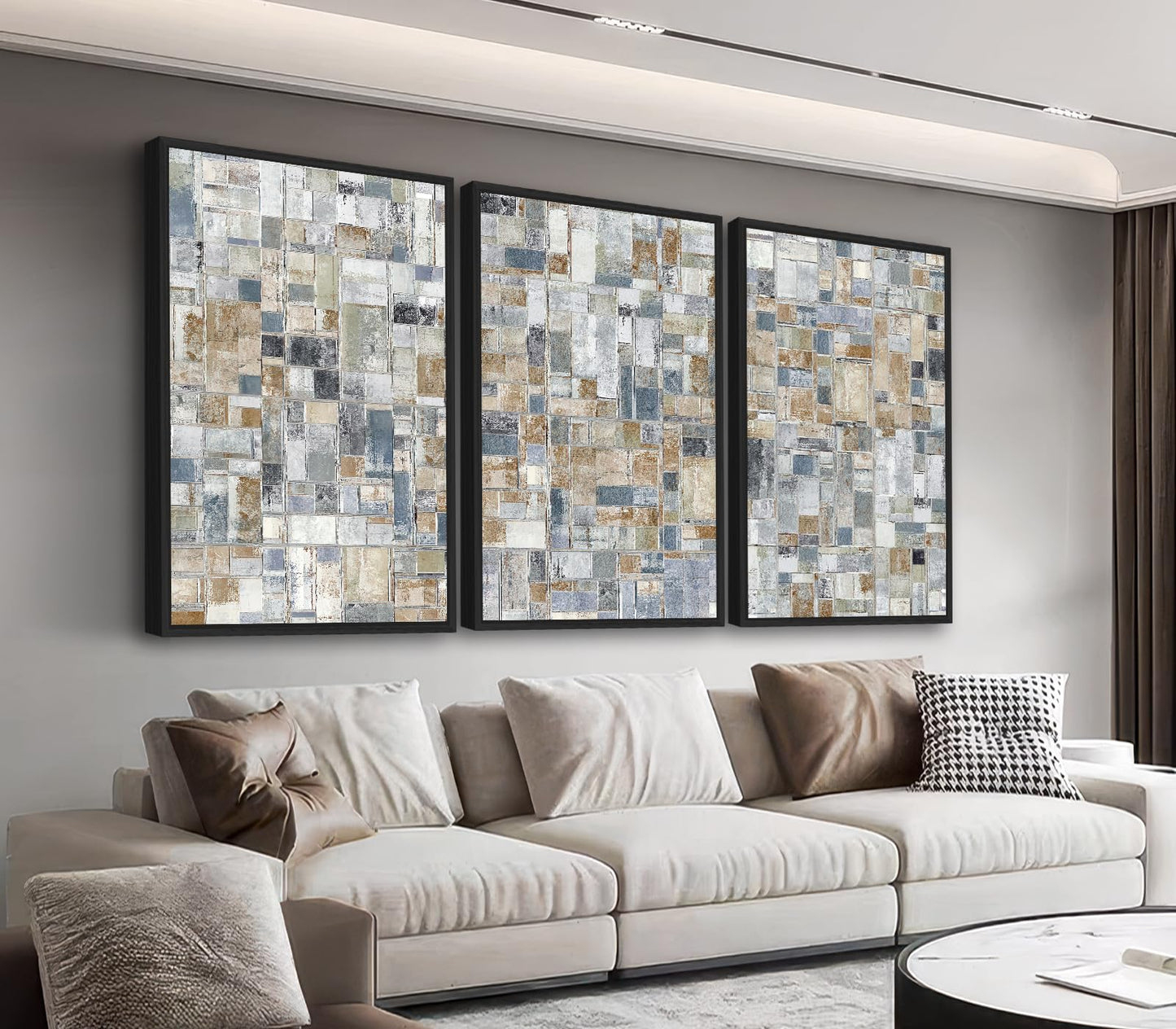 Large Framed Abstract Wall Art - Retro Block Wall Decor Painting 20"x28" Set of 3 Modern Wall Art Prints Rustic Mosaic Canvas Pictures for Living Room Bedroom Office Artwork