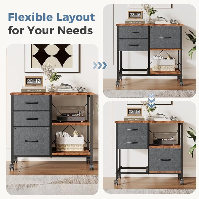 OLIXIS 3-Tier Printer Stand with Fabric Storage Drawer, Rolling Printer Cart with Lockable Wheels and Metal Frame, Under Desk Table with Open Storage Shelf for Small Spaces, Home, Office, Gray