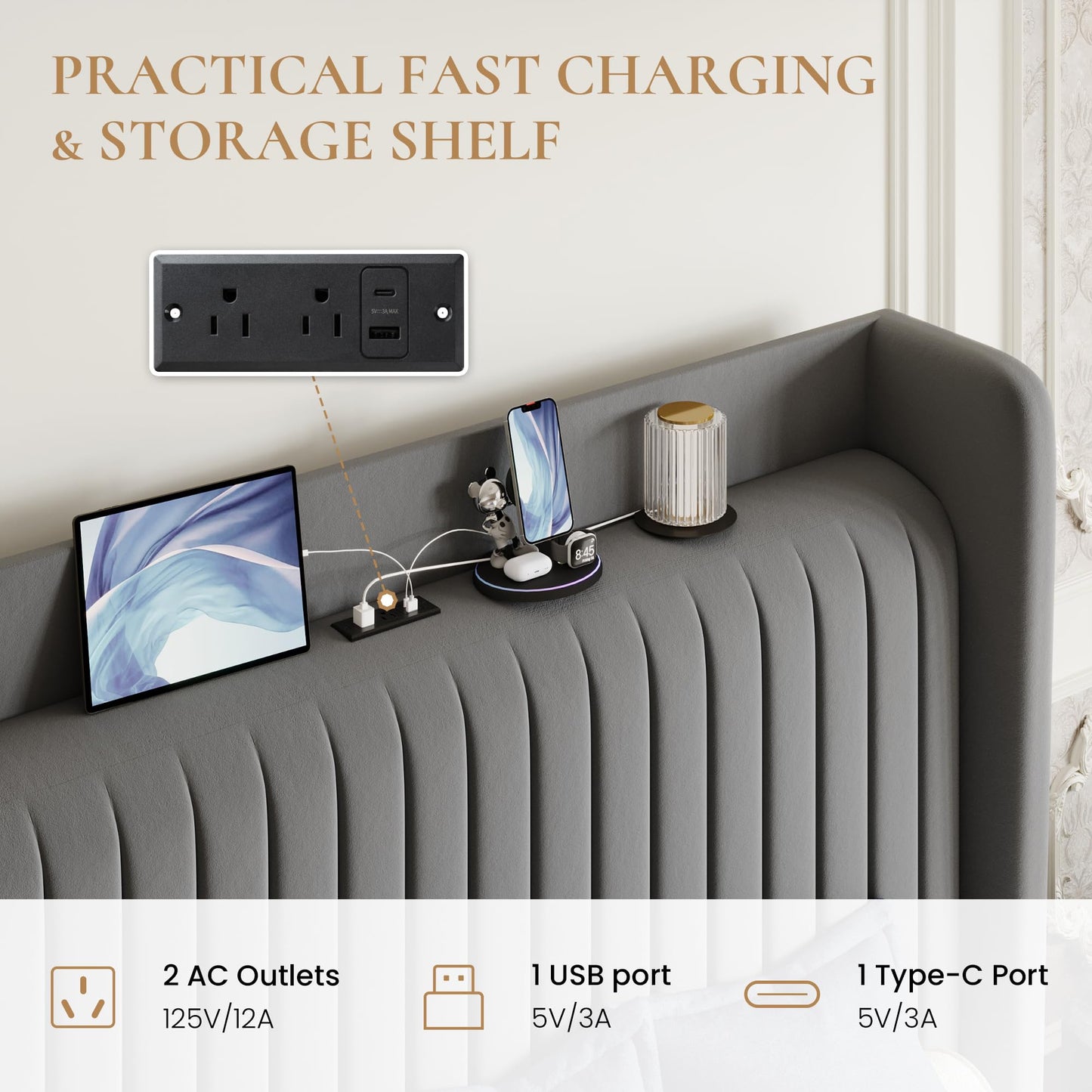 SHA CERLIN King Size Velvet Bed Frame with USB Charging Station, Wingback Storage Headboard, Upholstered Platform Bed with Wooden Slats Support, No Box Spring Needed, Easy Assembly, Grey