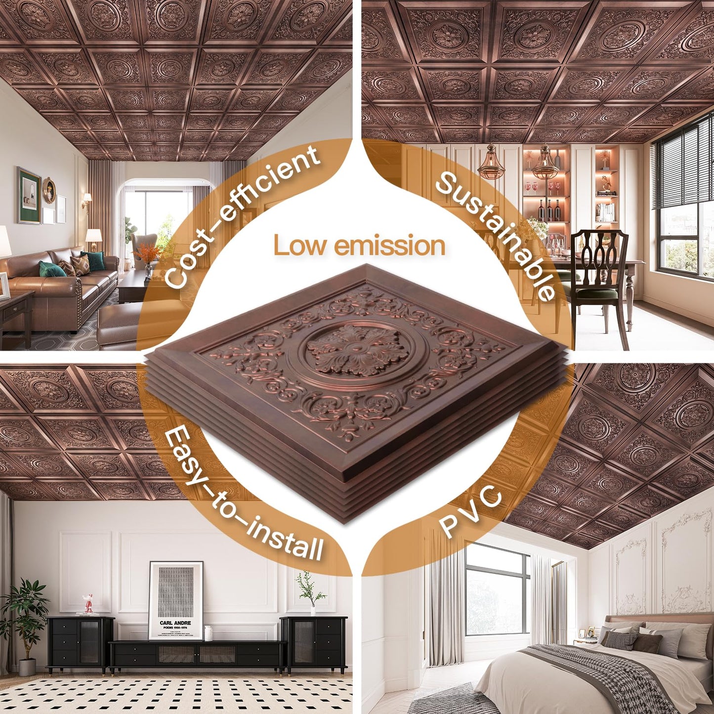 WOWSTAR 12-Pack 24"x24" 3D Drop Ceiling Tiles, Waterproof Glue up Ceiling Panels, Antique Copper