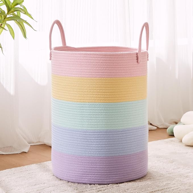 60L Laundry Hamper Basket for Baby Girls and Kids, Pastel Rainbow Unicorn Design, Woven Rope Nursery Basket for Blankets Toys in Playroom, 15Dx20H Inches Large Bedroom Hamper for Clothes