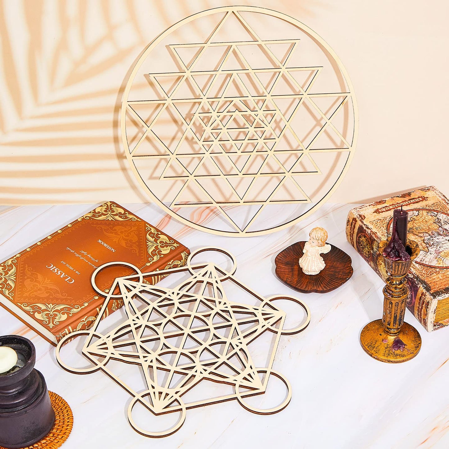Taiyin 6 Pcs 12 Inch Wooden Sacred Geometry Wall Art Set, Zen Geometric Wall Decor for Home Meditation Room, Inspired Hanging Art with Metatron Cube, Flower of Life, Sri Yantra(Burlywood)
