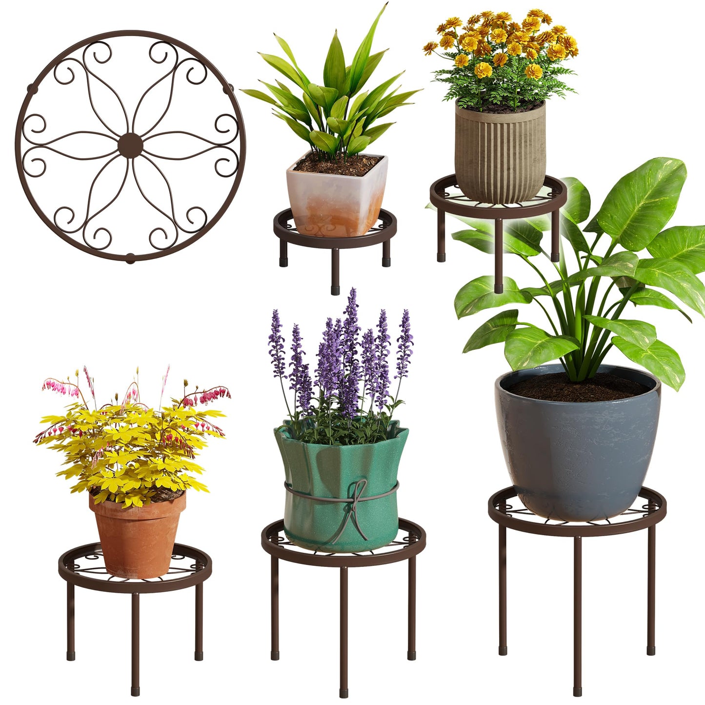 Plant Stand Indoor Outdoor 5 Pack Heavy Duty Metal Stand Multiple Plants, Anti-Rust Iron Flower Pot Stand Decoration Racks Plant Pot Shelf for Living Room Garden Balcony (Brown)