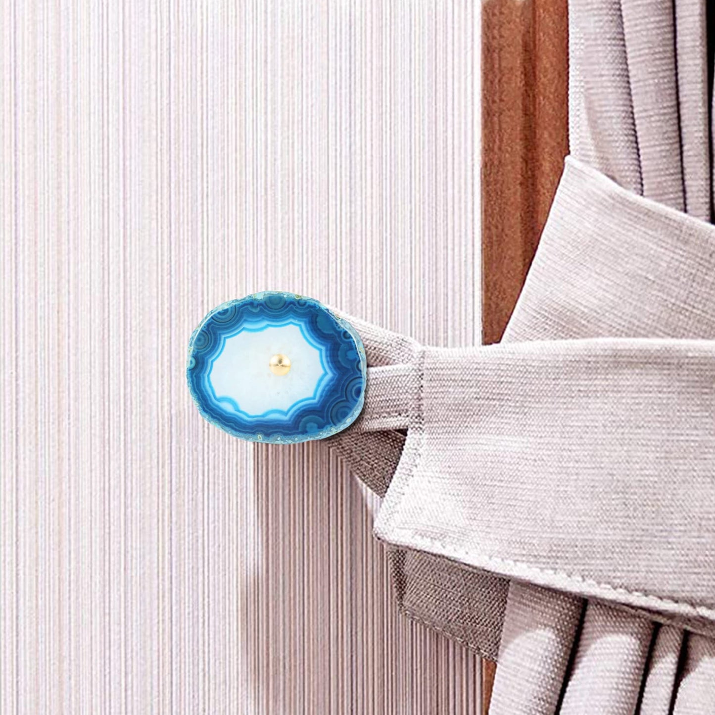 4 Pcs Unique Agate Blue Coat Hooks - Wall Mounted Decorative Hooks with Brass Finish - Holds Hats, Bags, Curtains