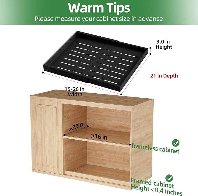 PAKETA 4 Pack Expandable Pull Out Cabinet Organizer, 21'' Deep Pull Out Drawers for Cabinets, Upgrade 3 Slide Rails Sliding Drawers for Cabinet with Adhesive Nano Film (Black, 21"D X 15-26"W ）