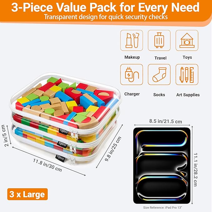 YQBRAO 3-Pack Large Clear Hard Shell Zipper Case, 1.2mm Rigid Toy & Cosmetic Bags, Heavy-Duty Diaper Bag Pouch Set with YKK Zippers, Waterproof Travel & Makeup Organizer
