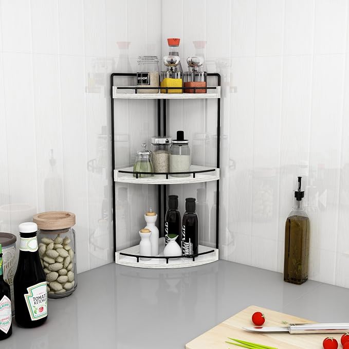 Dorhors 3-Tier Corner Bathroom Organizer Countertop for Storage,Vanity Tray,Wood Counter Organizer for Kitchen,Bathroom,Dresser (Rustic White)